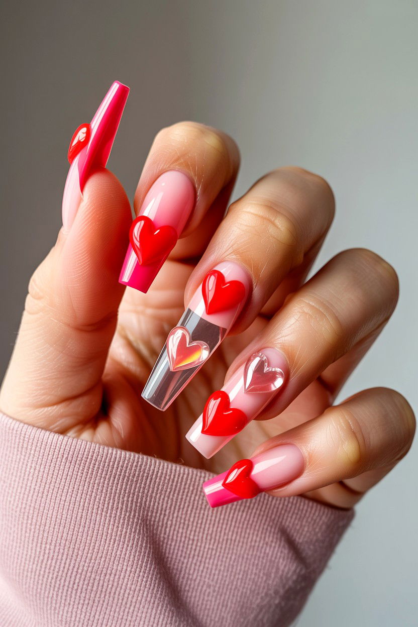 3D Heart Coffin - 25 Valentine's Day Coffin Nail Ideas
