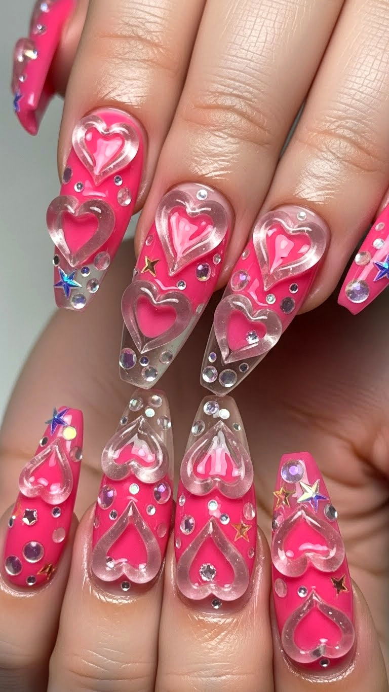 3D Heart Nails - 25 valentine's day nails