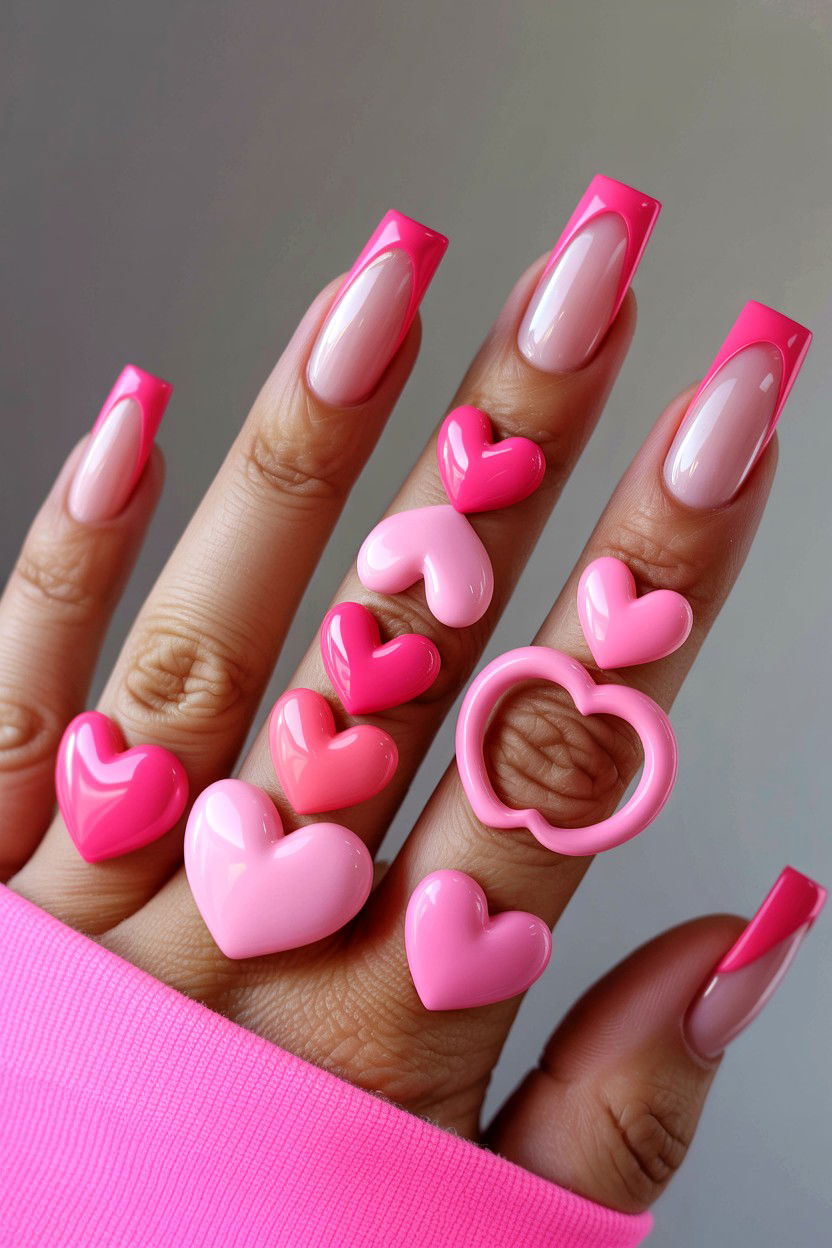 3D Pink Heart Nails - 25 Pink Valentine's Day Nail Ideas
