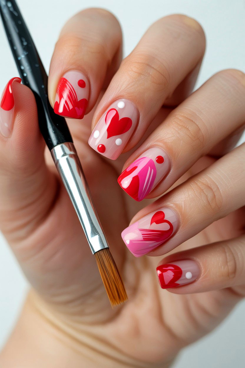 Abstract Heart Square Nails - 25 Valentine's Day Square Nail Ideas