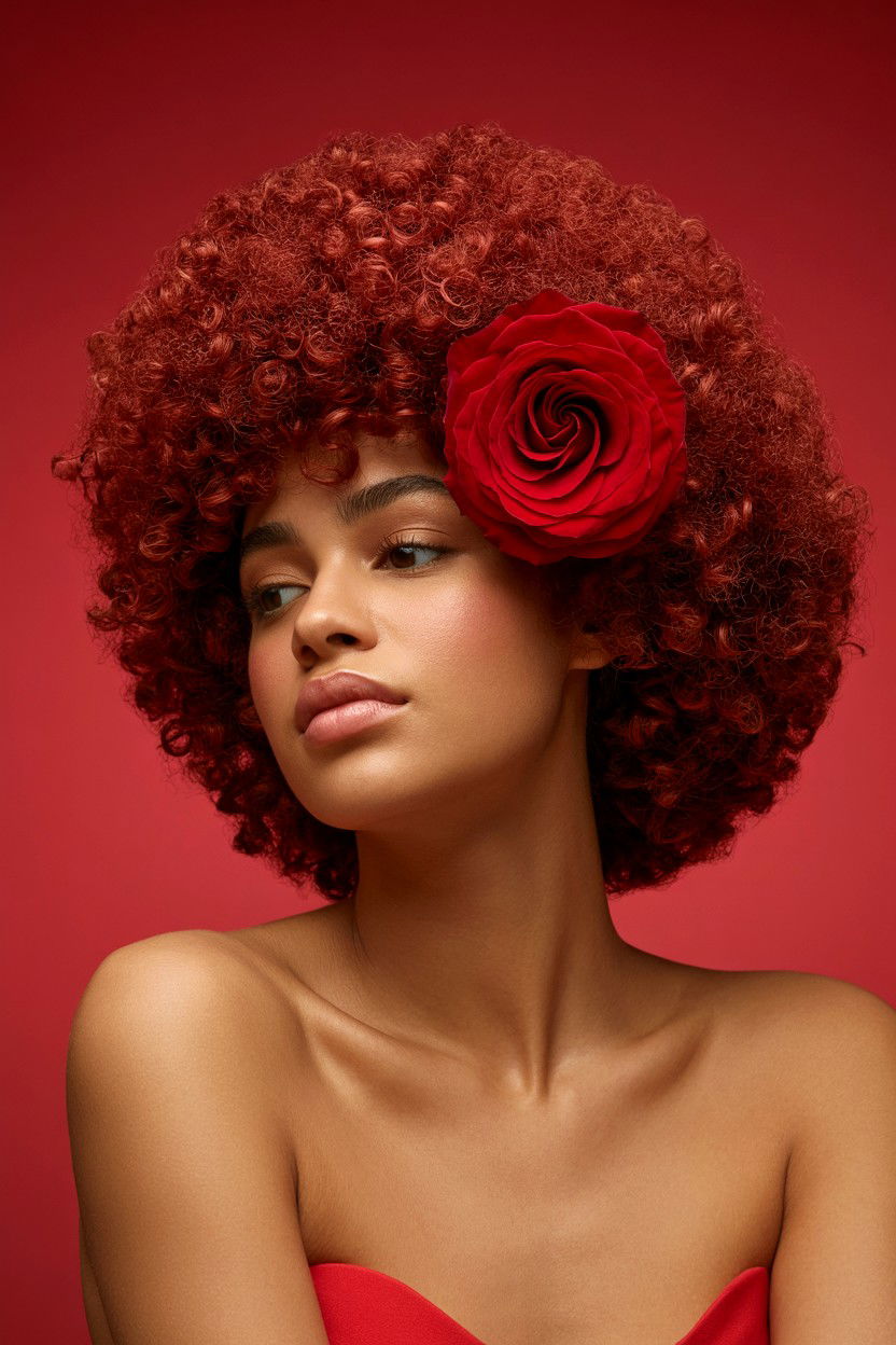 Afro With Red Rose - 25 Valentine's Day Textured Hair Ideas