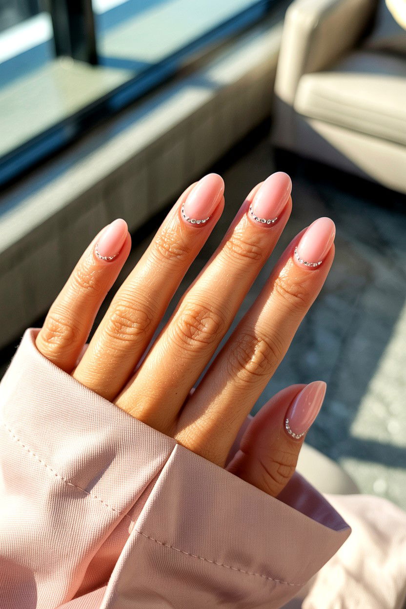 Baby Pink Nails With Tiny Diamond Accents - 25 Rhinestone Valentine's Day Nail Ideas