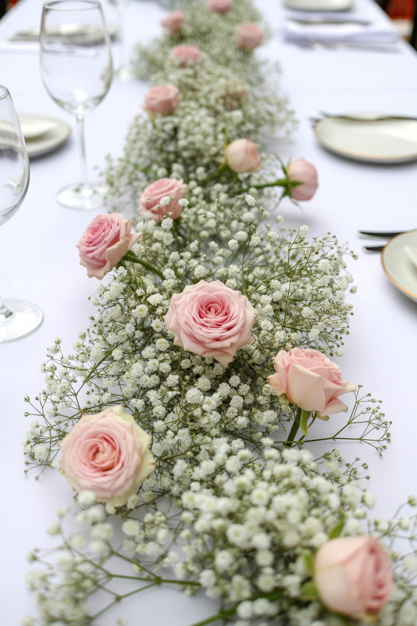 Babys breath table runner - 25 Valentine's Day Centerpiece Ideas