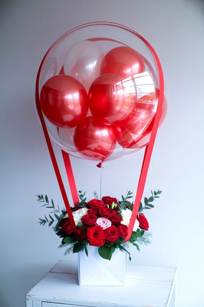 Balloon And Floral Arrangement - 25 Valentine's Day Balloon Surprise Ideas