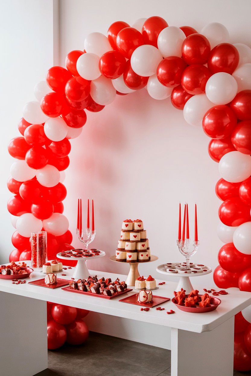 Balloon arch dessert backdrop - 25 Valentine's Day Dessert Table Ideas
