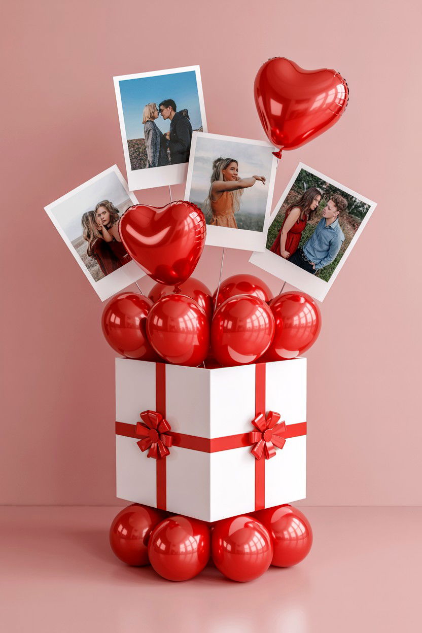 Balloon box with photo prints - 25 Valentine's Day Photo Balloon Ideas