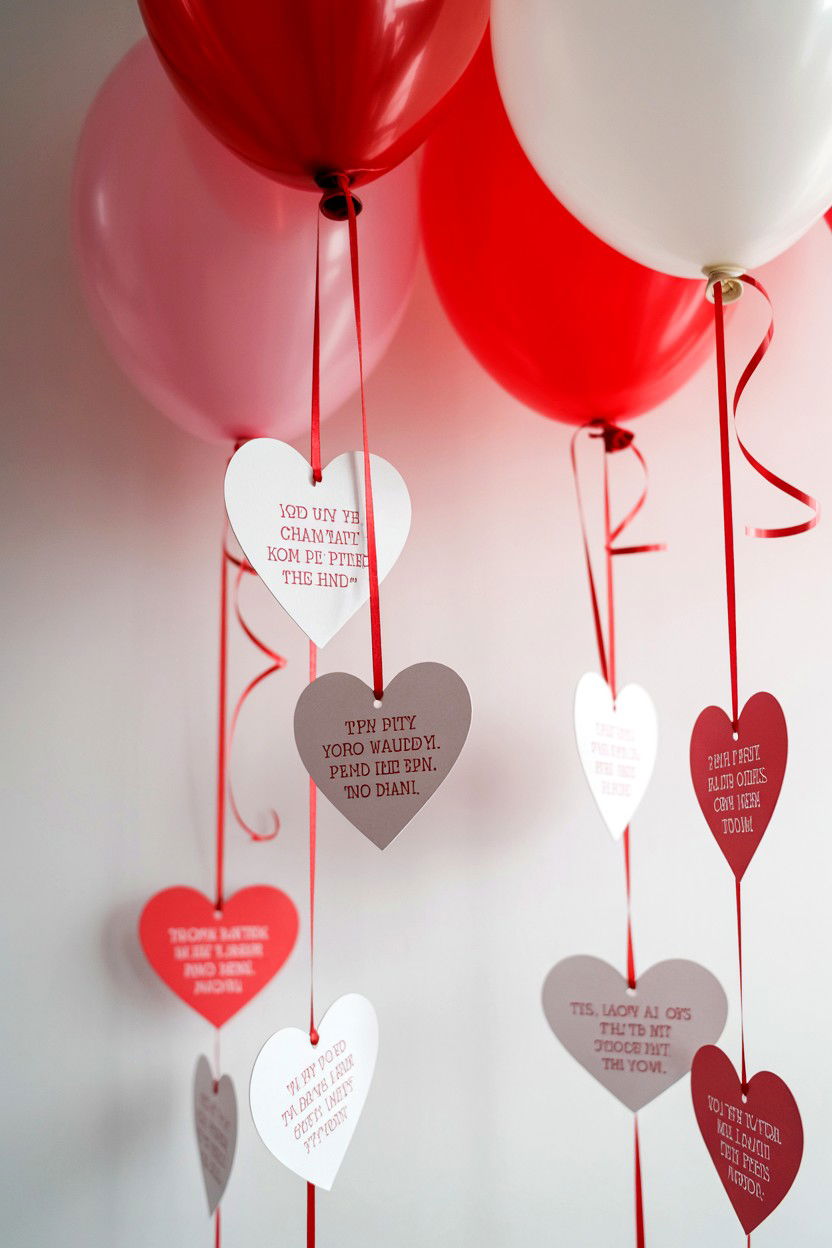 Balloons with hanging cards - 25 Valentine's Day Balloon Ceiling Ideas