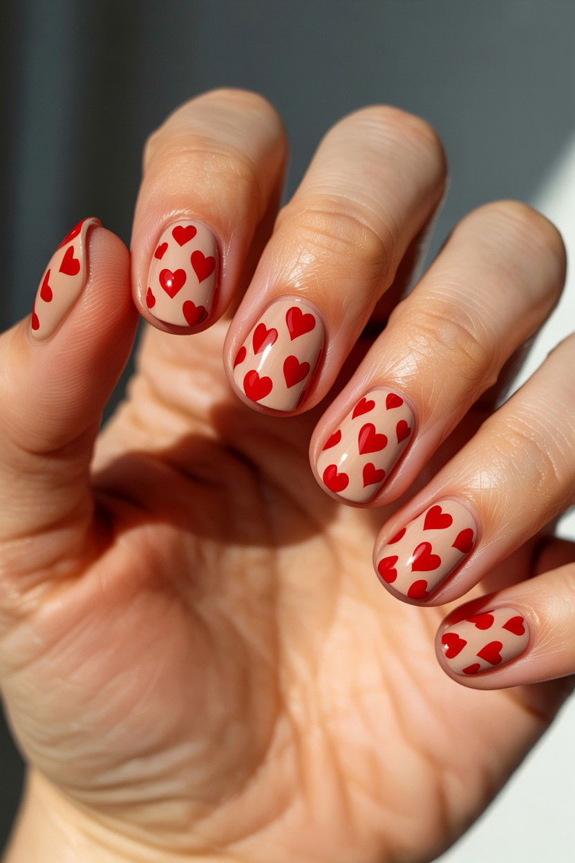 Beige Nails With Red Hearts - 25 Nude Valentine's Day Nail Ideas