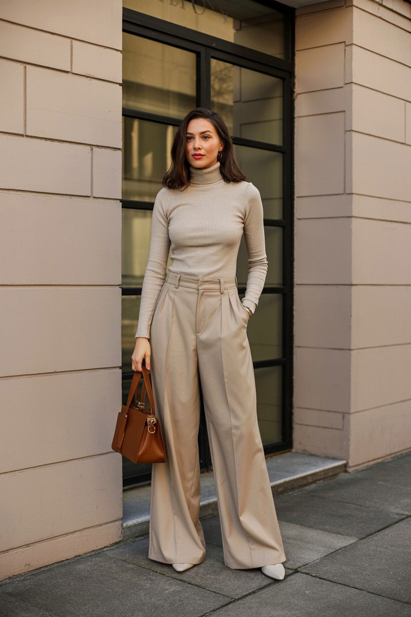 Beige turtleneck with wide leg pants - 25 Valentine's Day Quiet Luxury Outfits