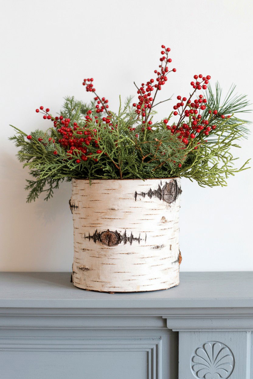 Birch bark planter red berries - 25 Valentine's Day Planter Ideas