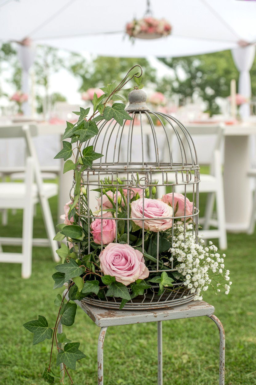 Birdcage Floral Arrangement - 25 Valentine's Day Tea Party Ideas