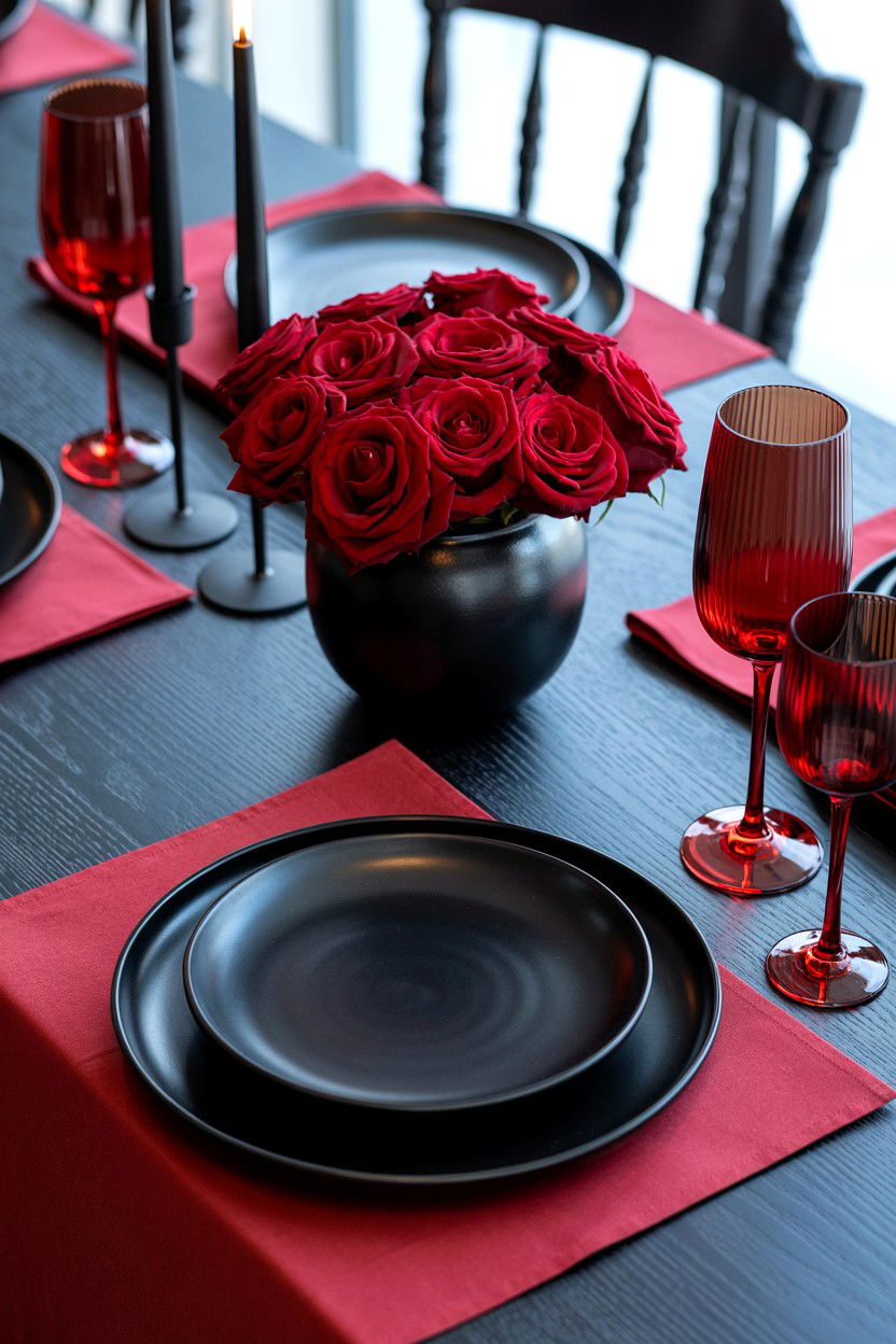 Black And Red Table Decor - 25 Valentine's Day Dinner Table Ideas