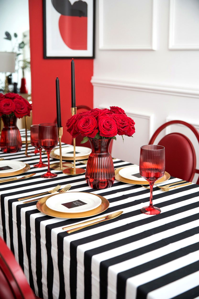 Black And White Striped Tablecloth - 25 Valentine's Day Table Cloth Ideas