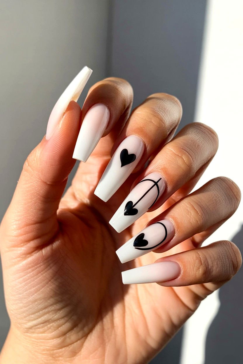 Black Heart Detail - 25 Long Valentine's Day Nail Designs