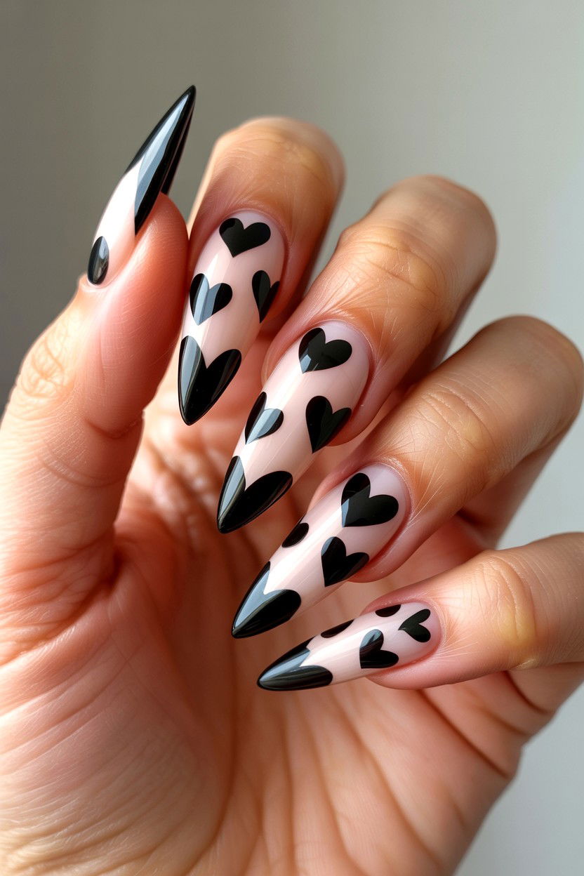 Black Heart Stiletto - 25 Valentine's Day Stiletto Nail Ideas