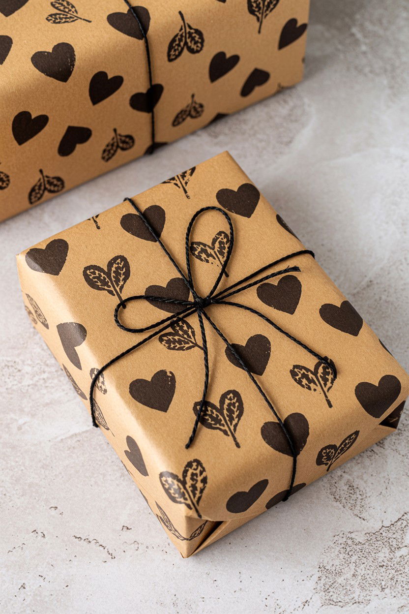 Black Ink Stamp - 25 Valentine's Day Kraft Paper Wrap Ideas