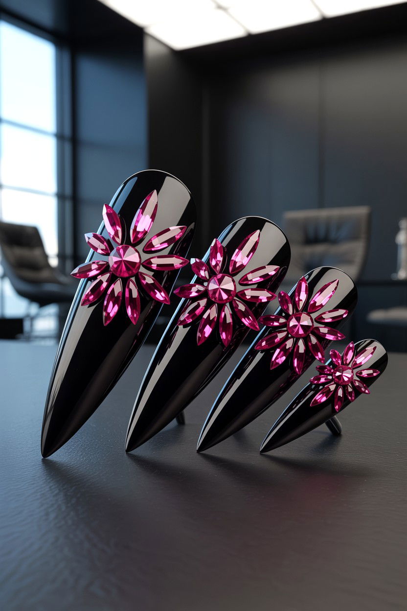 Black Nails With Pink Crystals - 25 Rhinestone Valentine's Day Nail Ideas