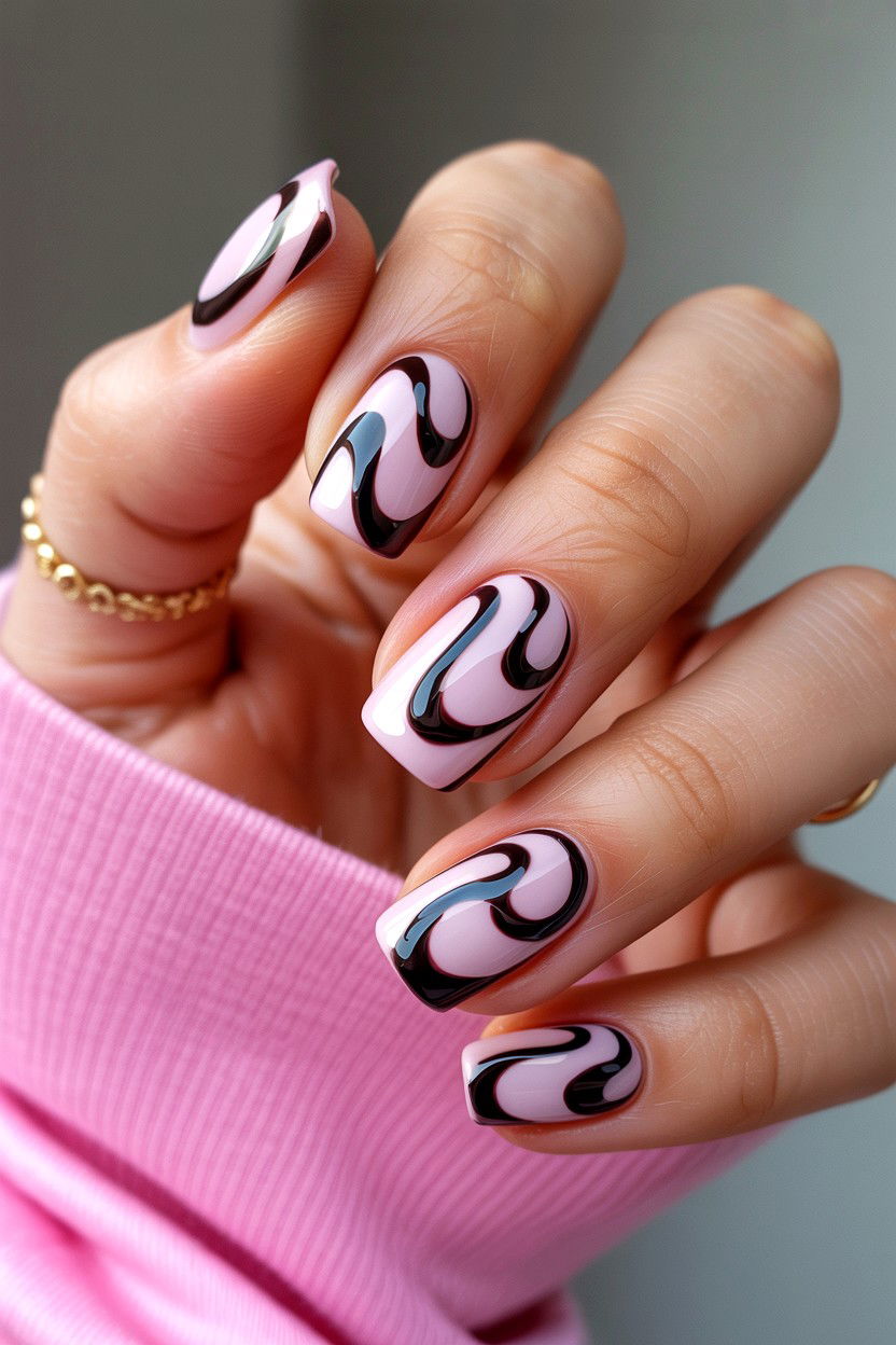 Black Pink Swirl Nails - 25 Swirl Valentine's Day Nail Ideas