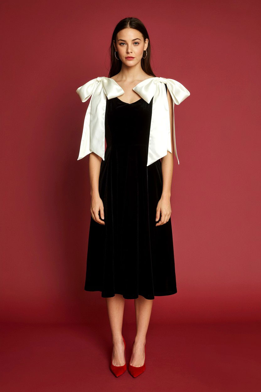 Black Velvet Bow Dress - 25 Valentine's Day Midi Dress Ideas