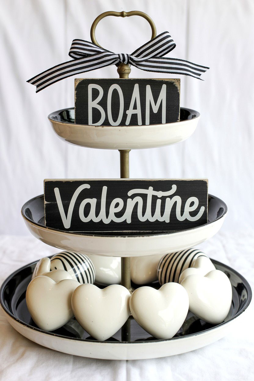 Black and white Valentine tiered tray - 25 Modern Valentine's Day Tiered Tray Ideas