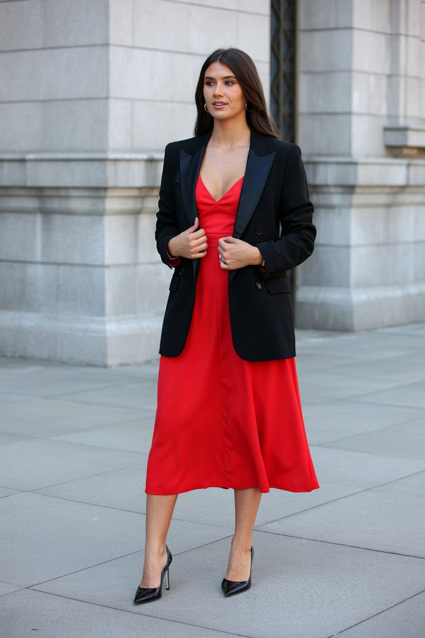 Black blazer with red dress - 25 Valentine's Day Blazer Outfits