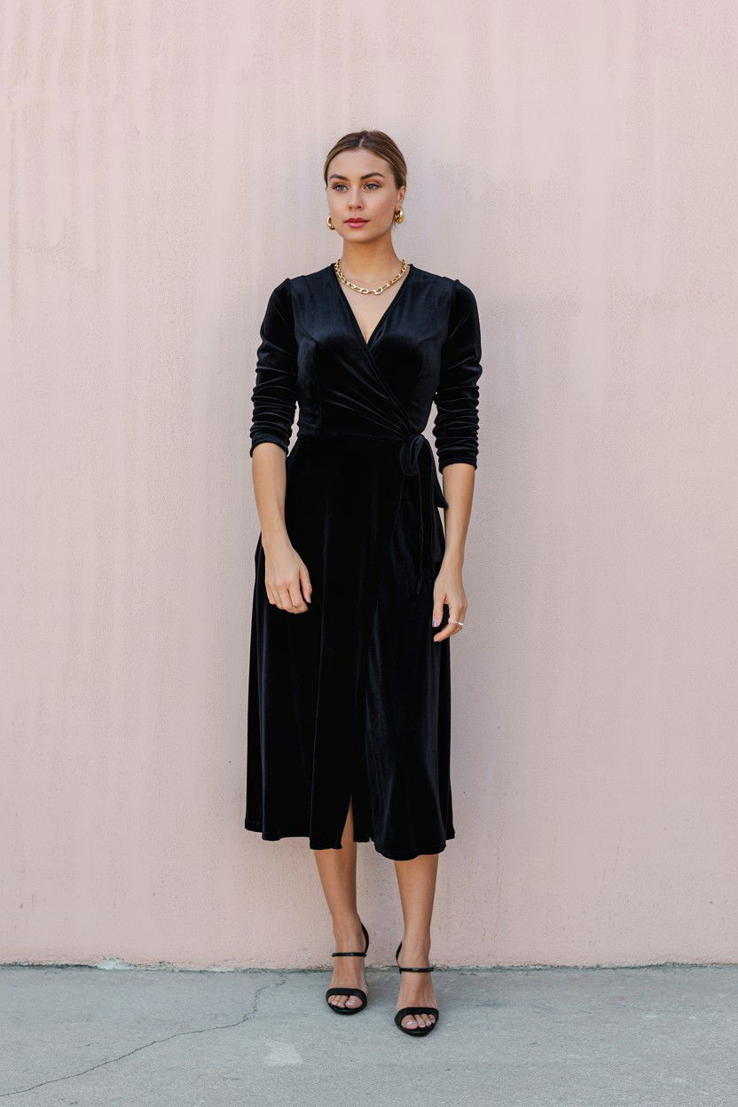 Black velvet dress with gold jewelry - 25 Valentine's Day Quiet Luxury Outfits