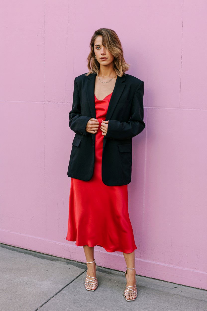 Blazer and slip dress - 25 Valentine's Day Blazer Outfits