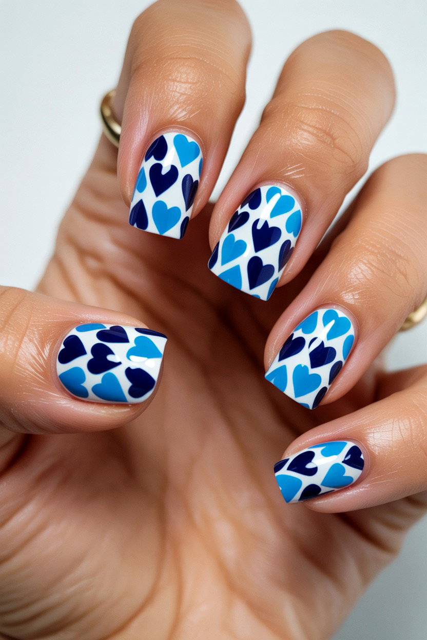 Blue Heart Pattern Nails - 25 Heart Nail Design Ideas
