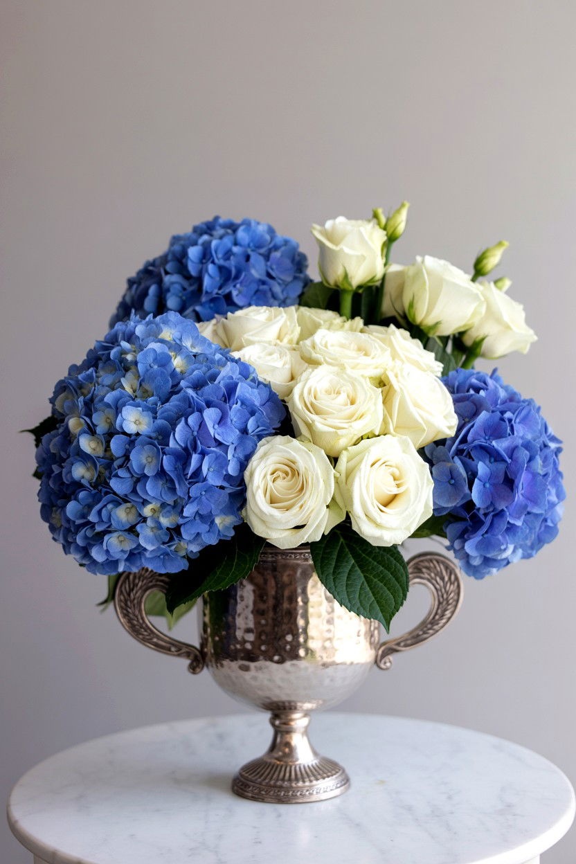 Blue Hydrangea And White Rose Bouquet - 25 Valentine's Day Mixed Bouquet Ideas