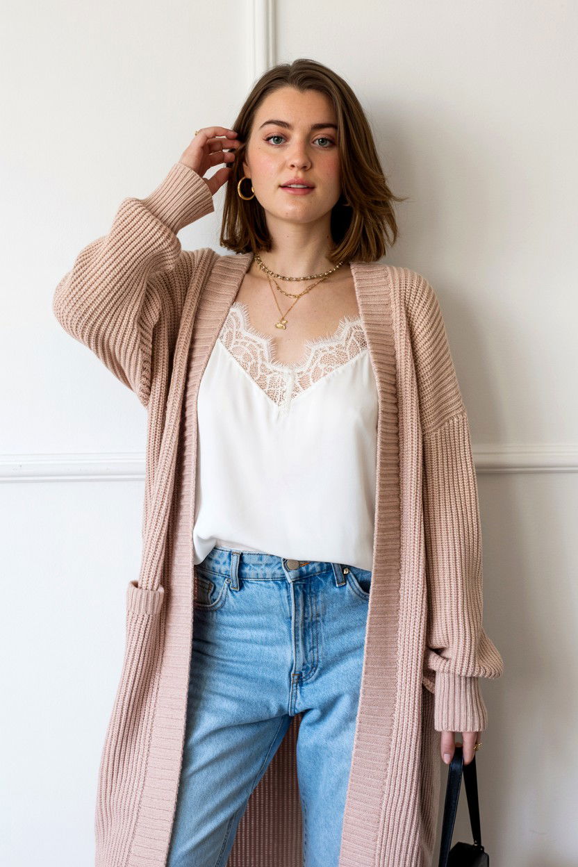 Blush Cardigan Jeans Outfit - 25 Valentine's Day Blush Looks