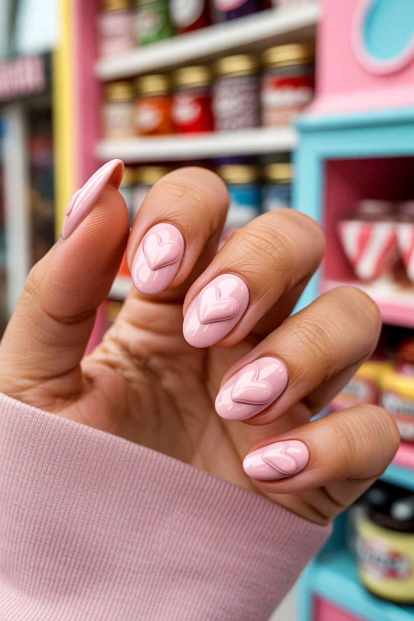 Blush Pink 3D Heart Nails - 25 Blush Pink Valentine's Day Nail Ideas