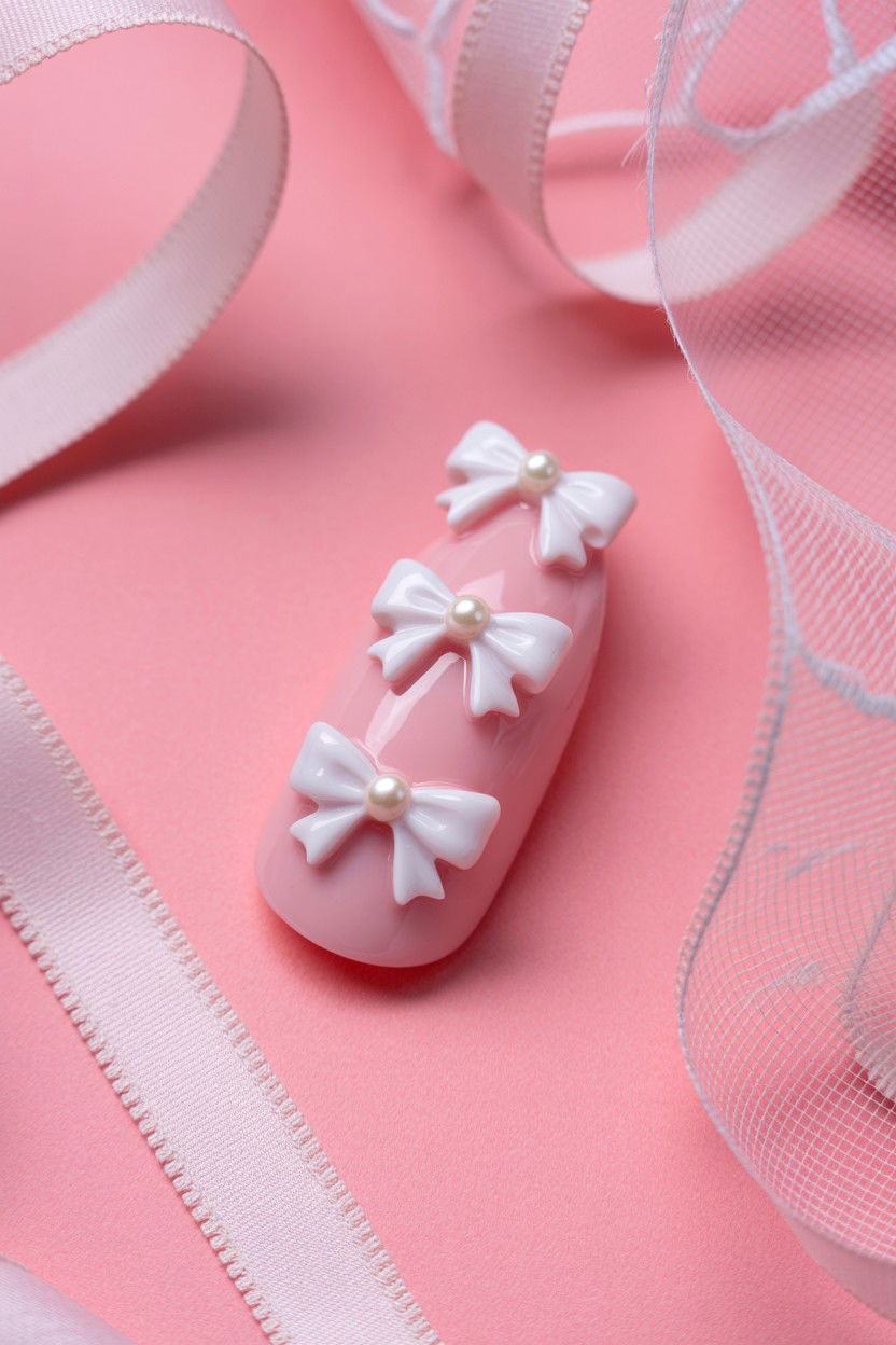Blush Pink Coquette Bow Nails - 25 Blush Pink Valentine's Day Nail Ideas