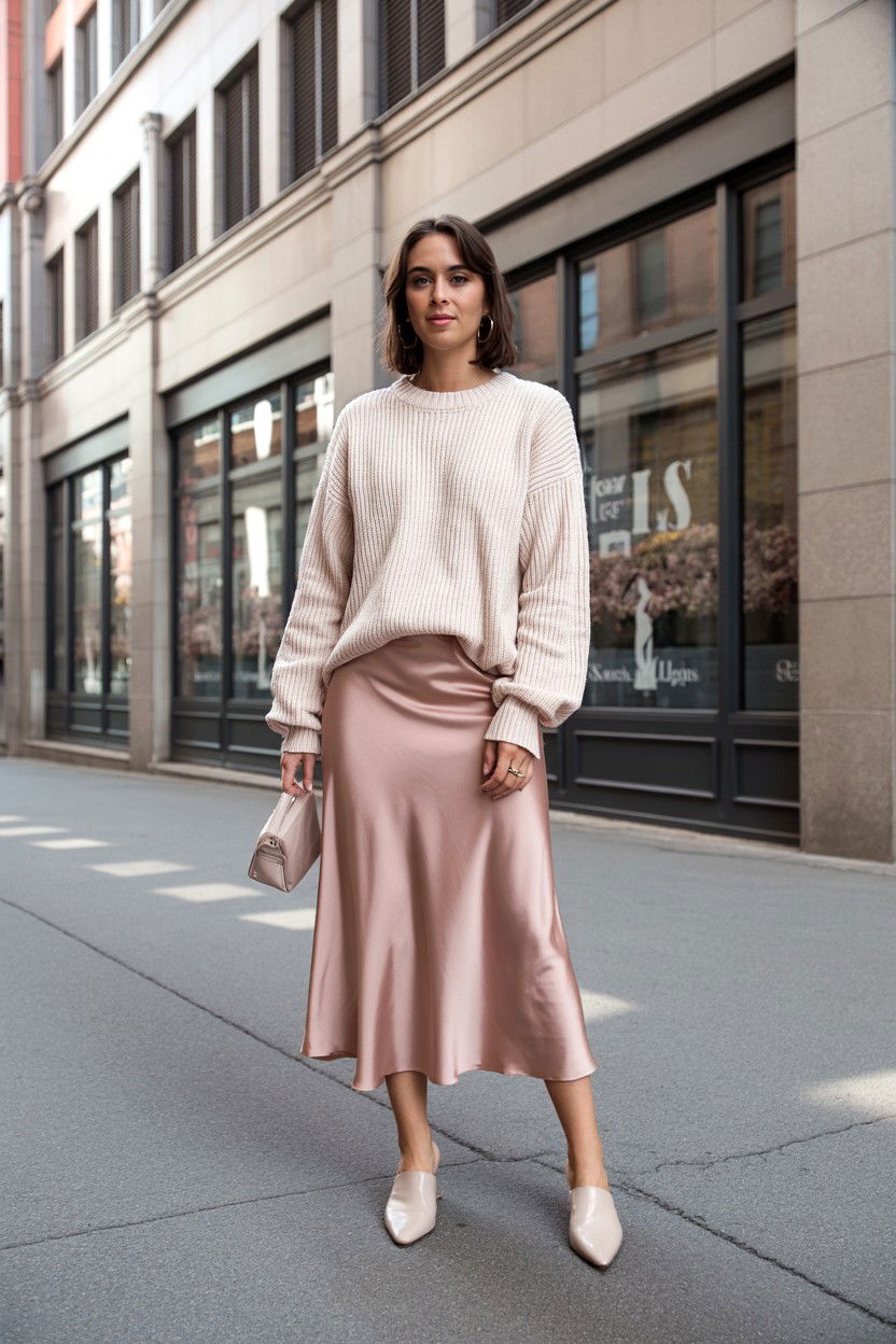 Blush Satin Midi Skirt - 25 Valentine's Day Blush Looks