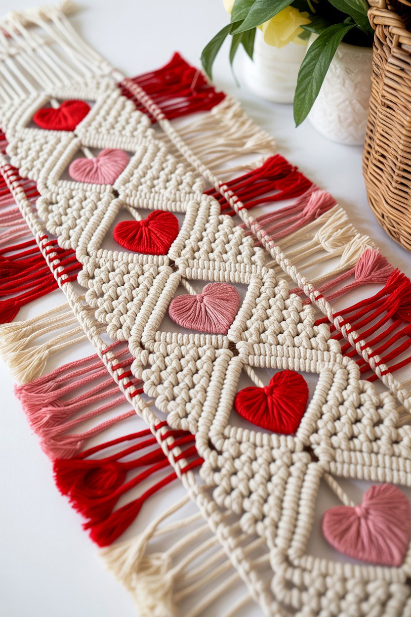 Boho Macrame Valentine Runner - 25 Valentine's Day Table Runner Ideas