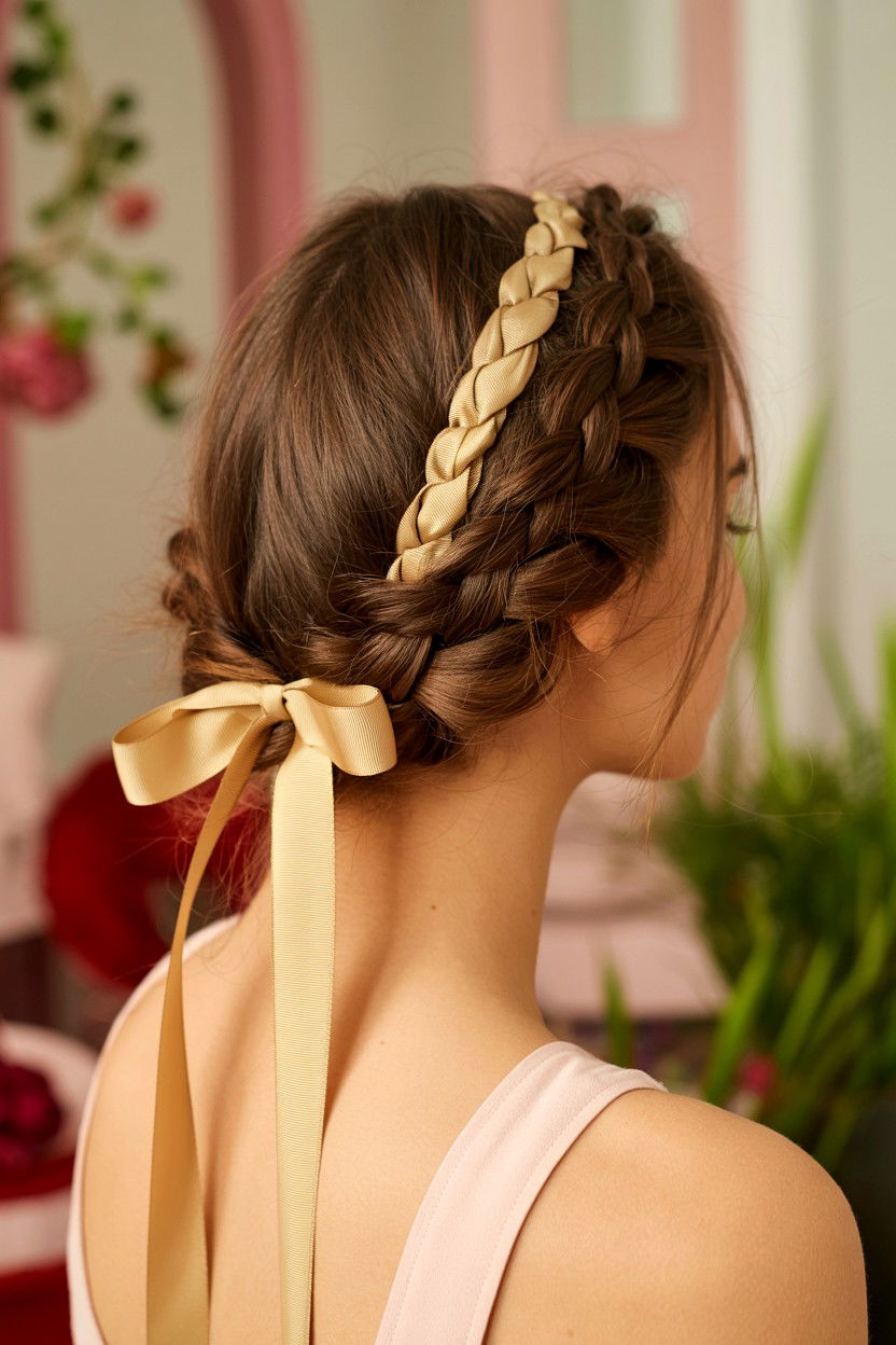 Braided Crown With Ribbon - 25 Valentine's Day Bow Hairstyle Ideas