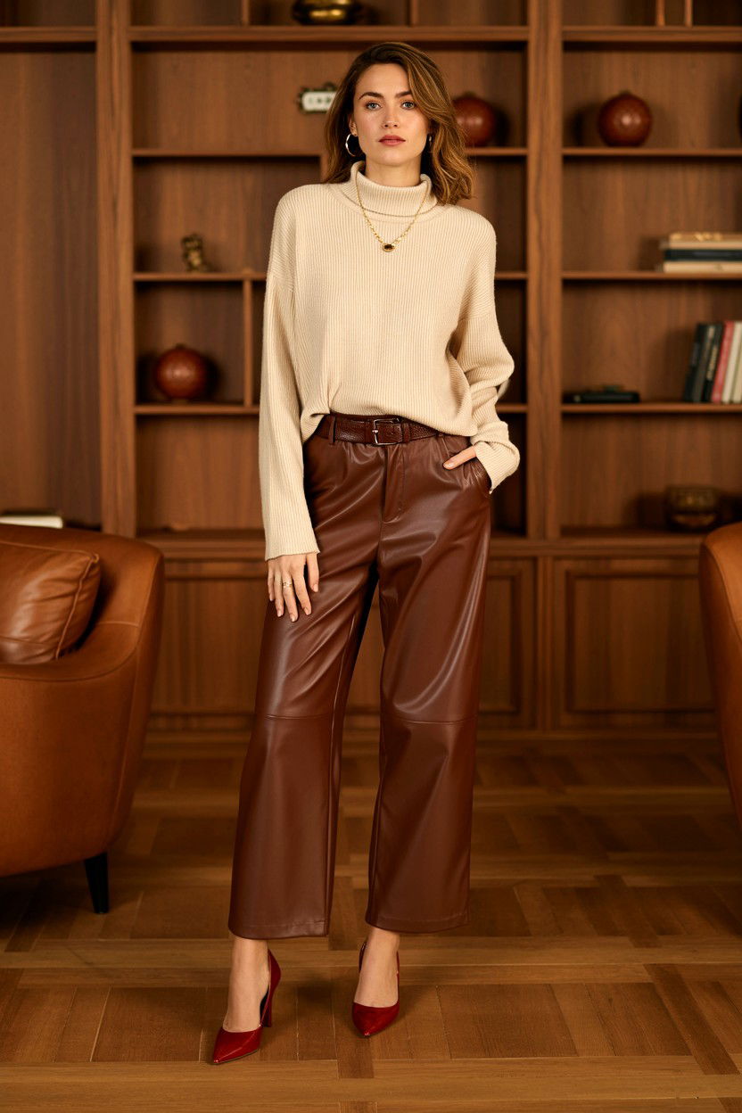 Brown Leather Pants - 25 Valentine's Day Leather Outfit Ideas