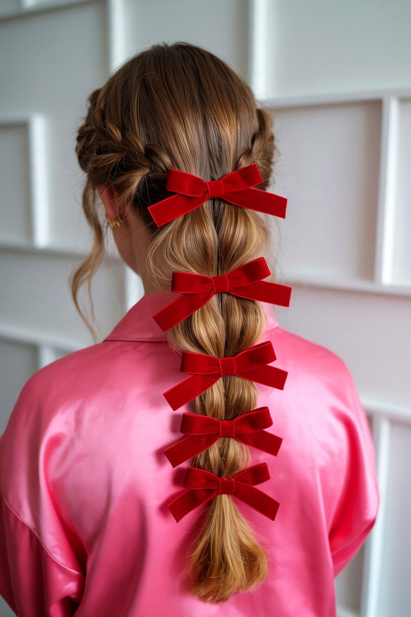 Bubble Braid With Red Bows - 25 Valentine's Day Braided Hairstyles