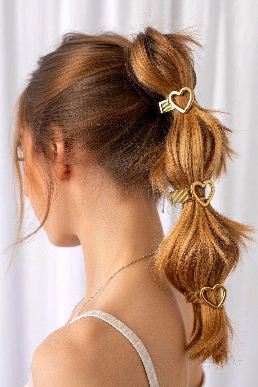 Bubble Ponytail Gold Heart Clips - 25 Valentine's Day Bubble Ponytail Ideas