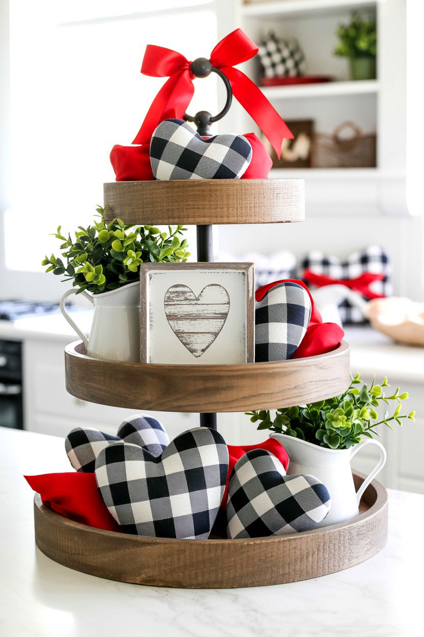 Buffalo Check Valentines - 25 Farmhouse Valentine's Day Tiered Tray Ideas
