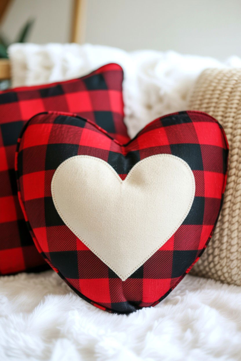 Buffalo Plaid Heart Pillow - 25 Valentine's Day Pillow Ideas