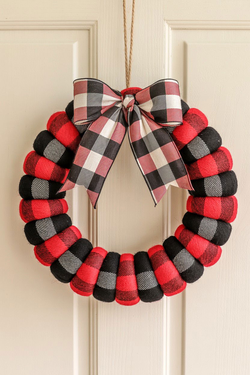 Buffalo Plaid Yarn Wreath - 25 Yarn Valentine's Day Wreath Ideas