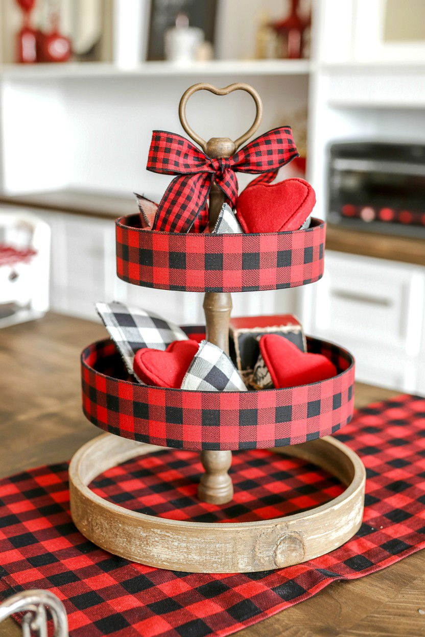 Buffalo check Valentine tiered tray - 25 Modern Valentine's Day Tiered Tray Ideas