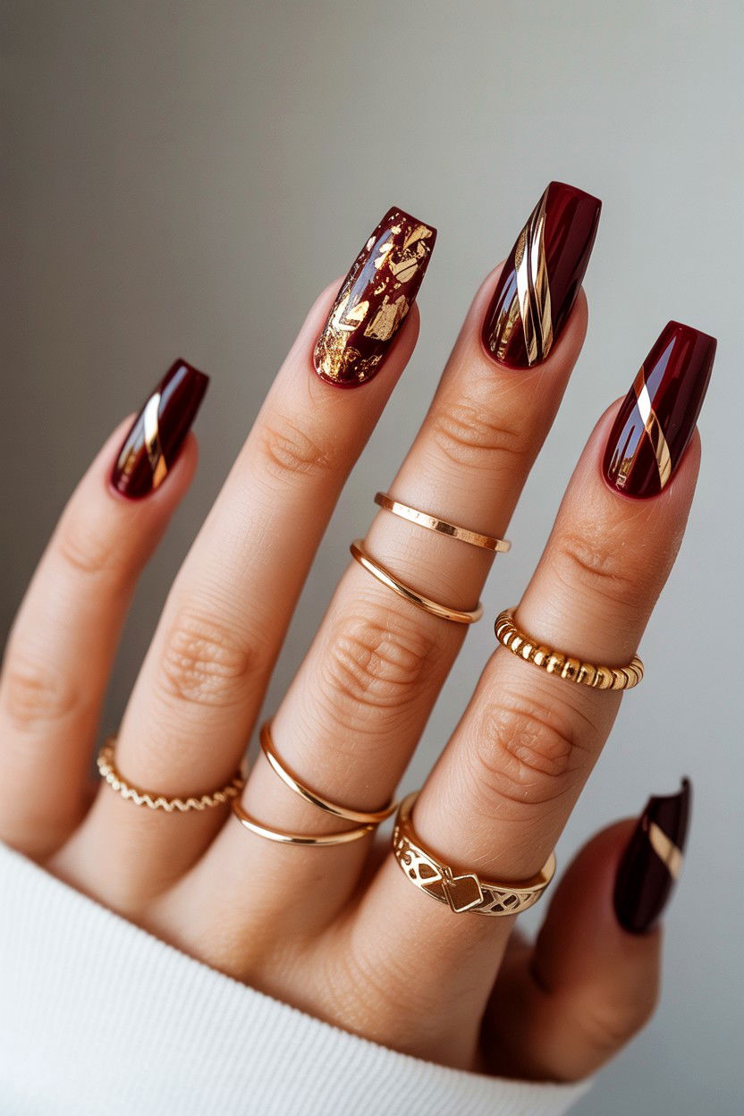 Burgundy And Gold Nails - 25 Burgundy Valentine's Day Nail Ideas
