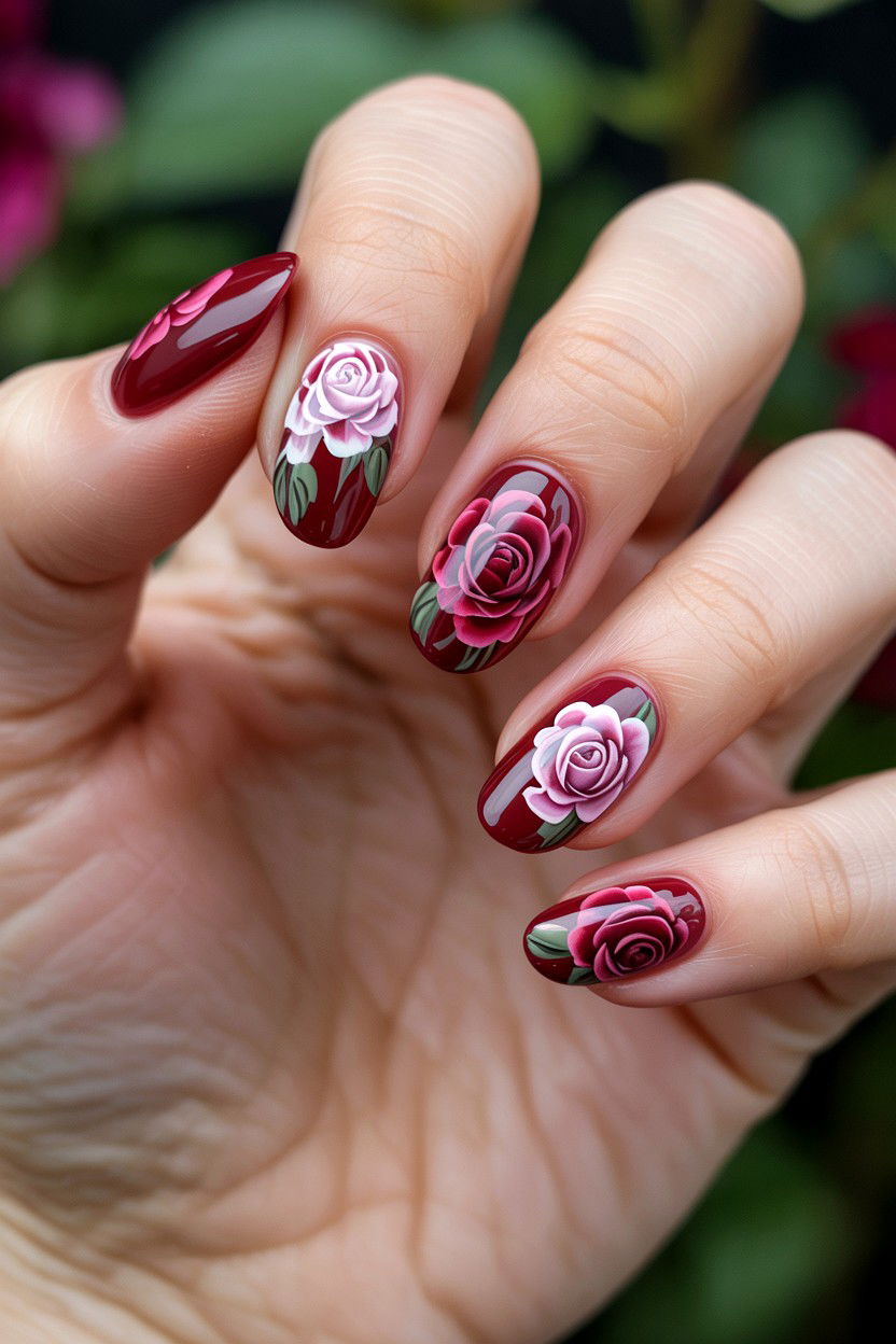Burgundy Floral Nail Art - 25 Burgundy Valentine's Day Nail Ideas