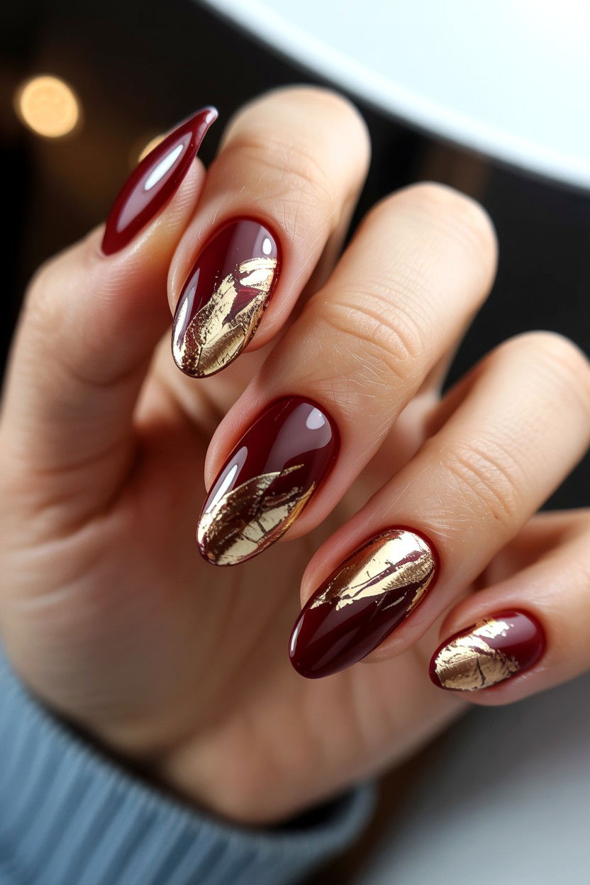 Burgundy Foil Nails - 25 Burgundy Valentine's Day Nail Ideas