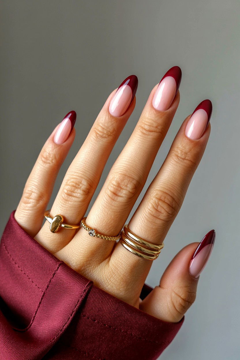 Burgundy French Nails - 25 Valentine's Day Almond Nail Ideas