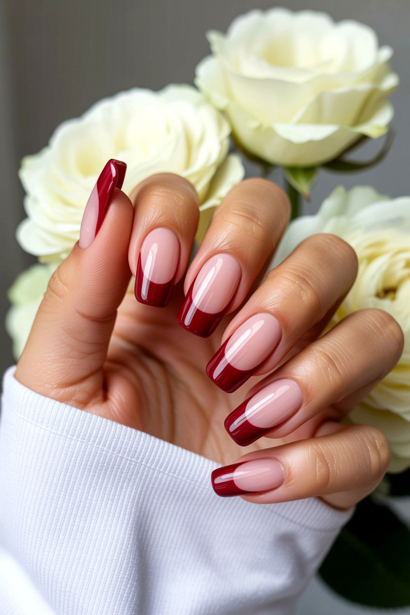 Burgundy French Tip Nails - 25 Burgundy Valentine's Day Nail Ideas