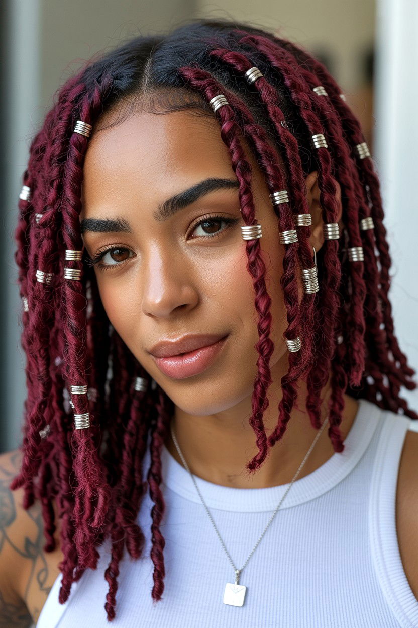 Burgundy Locs Silver Rings - 25 Valentine's Day Loc Hairstyle Ideas