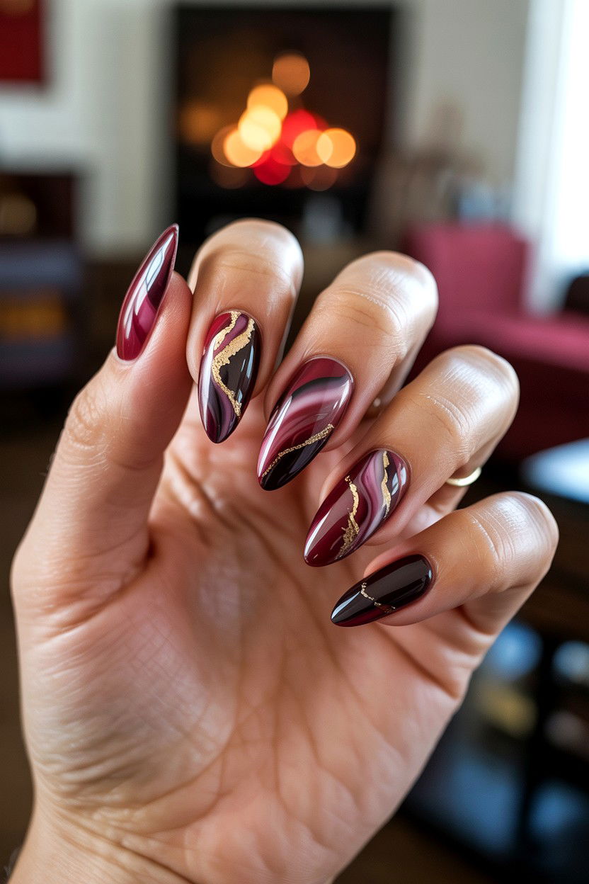 Burgundy Marble Nails - 25 Marble Valentine's Day Nail Ideas