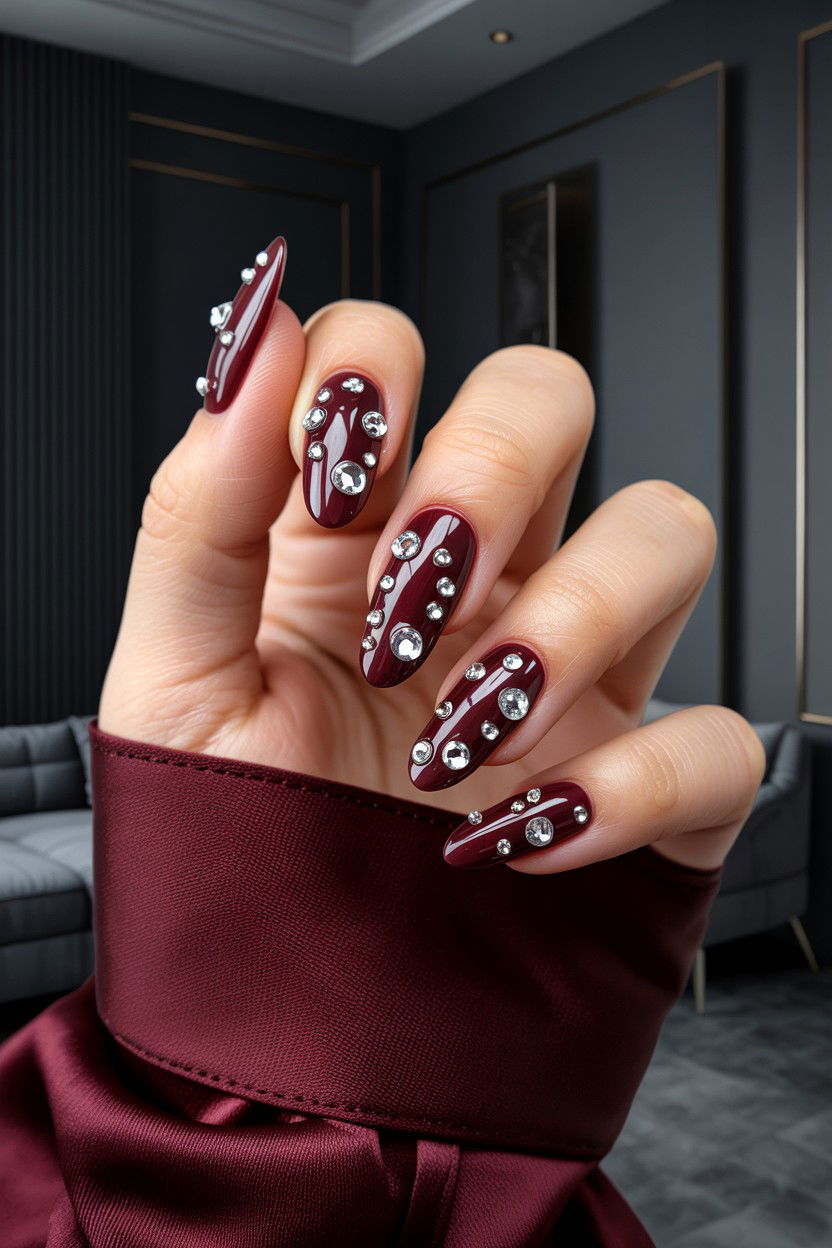 Burgundy Nails With Scattered Rhinestones - 25 Rhinestone Valentine's Day Nail Ideas